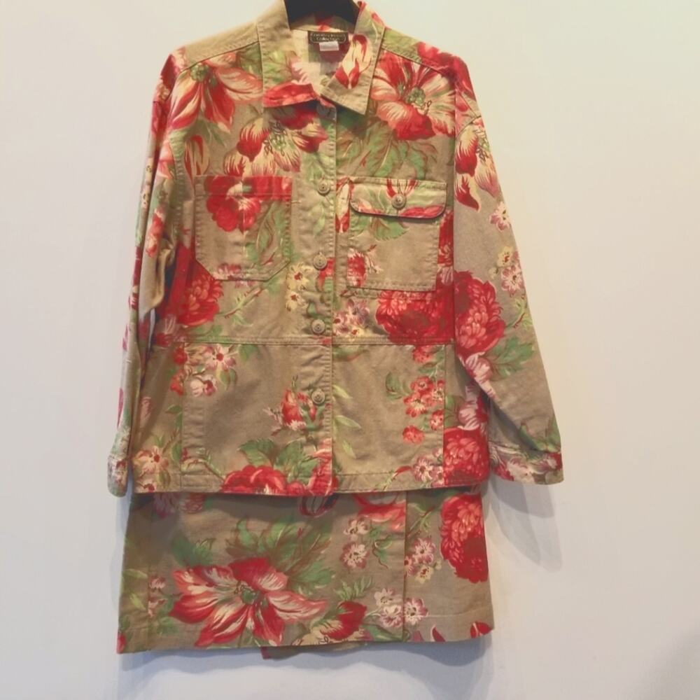 Floral Khaki Denim Vintage Matching Jacket & Wrap Skirt Comfortable Size M
